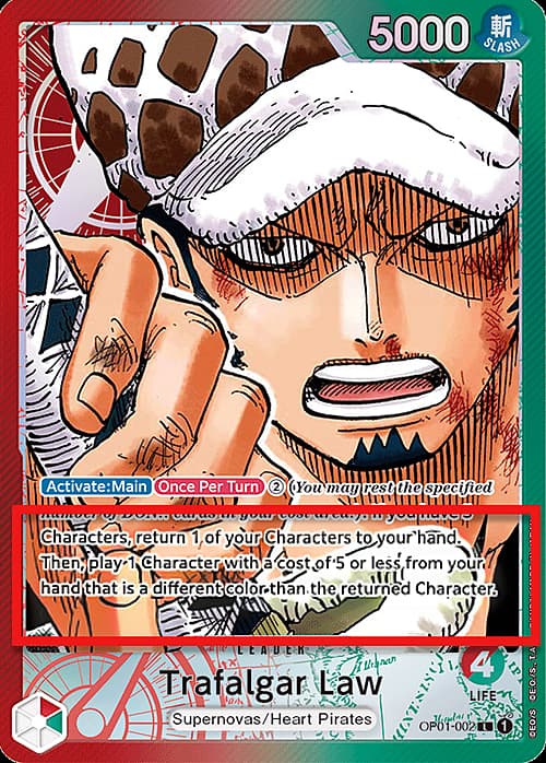 Trafalgar Law — Pre-Errata Cards (p-errata) — No. OP01-002αa — Ver. Alternate Art — vAlternate Art | Alpha Pre-Errata Card | "to your hand. Then, play 1"